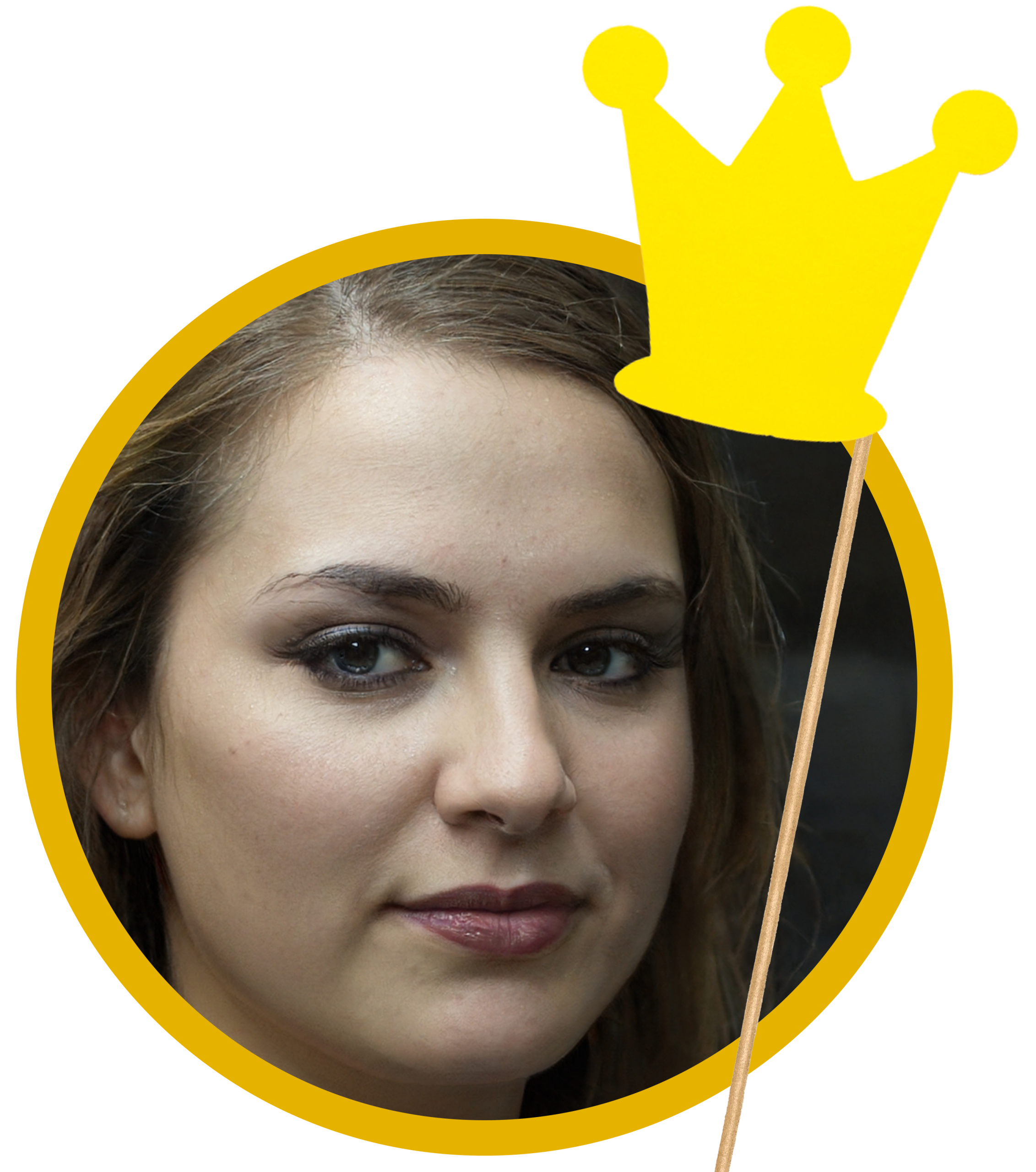 woman with a crown on a stick in front of a yellow circle