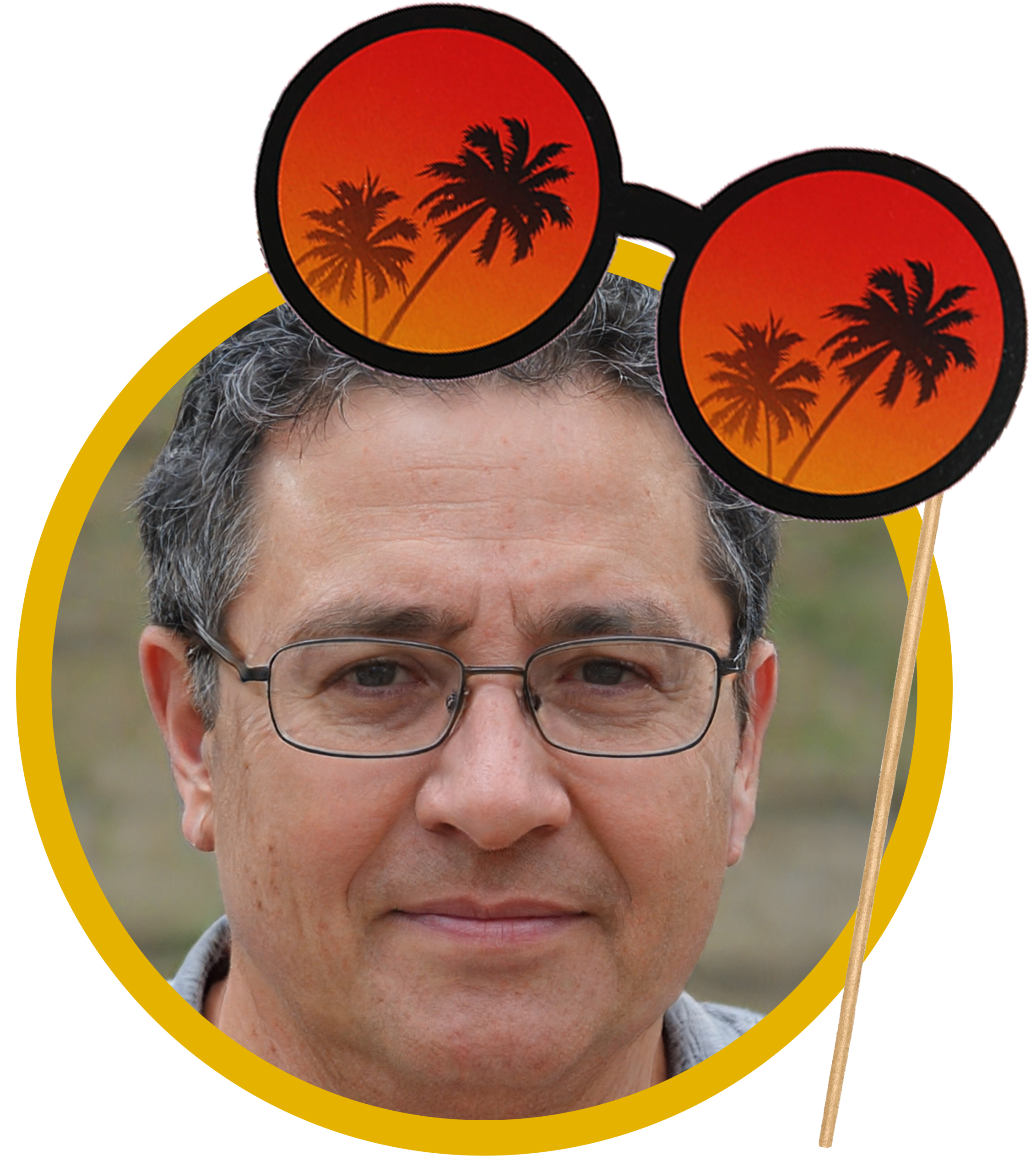 A man with glasses and a stick in front of a picture of palm trees